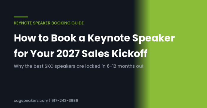 Header graphic for 2027 sales kickoff keynote speaker booking guide, Collaborative Agency Group