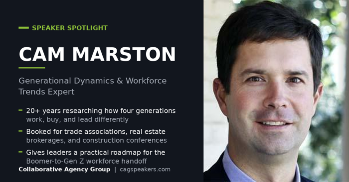 Cam Marston, generational dynamics keynote speaker, headshot graphic for real estate and CAI events