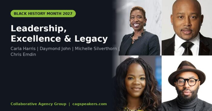 Black History Month 2027 keynote speakers Carla Harris, Daymond John, Michelle Silverthorn, and Chris Emdin on a dark editorial graphic