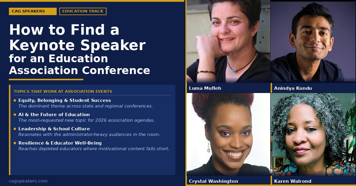 Keynote speakers for education association conferences - Luma Mufleh, Anindya Kundu, Crystal Washington, and Karen Walrond from Collaborative Agency Group