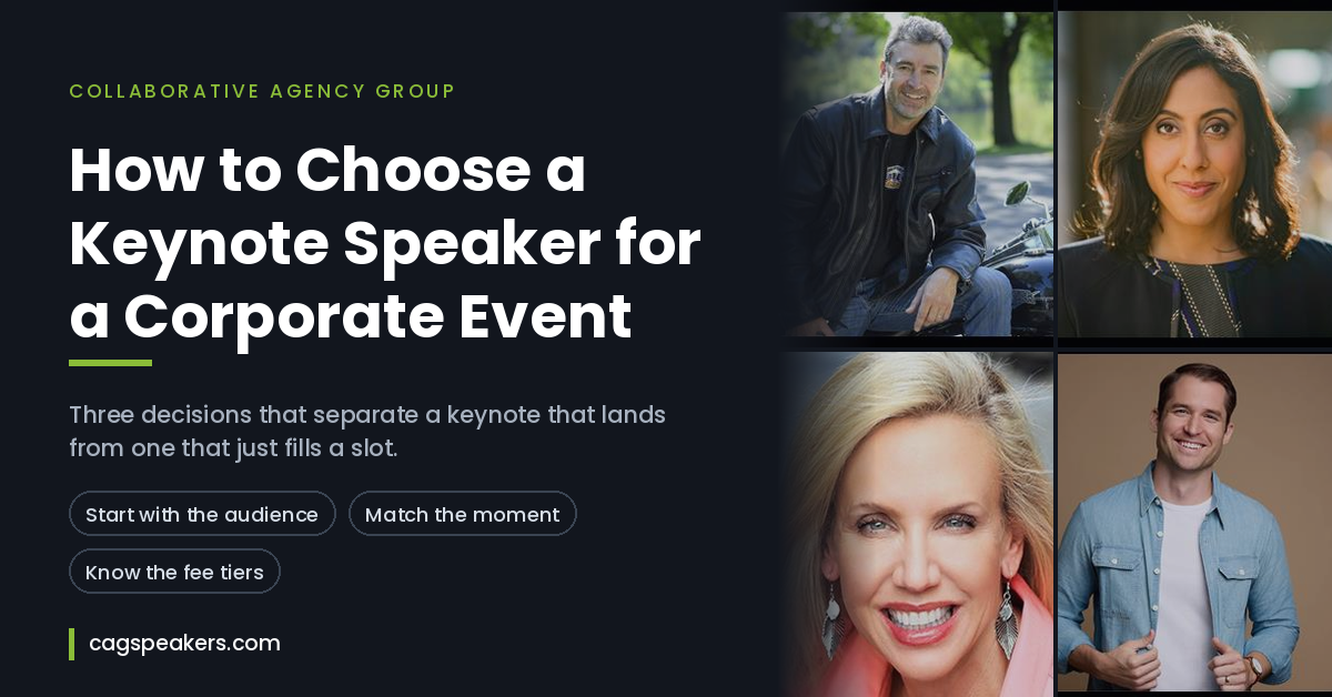 Keynote speaker for corporate event selection guide from Collaborative Agency Group, featuring speakers Ken Schmidt, Erica Dhawan, Meridith Elliott Powell, and Jefferson Fisher