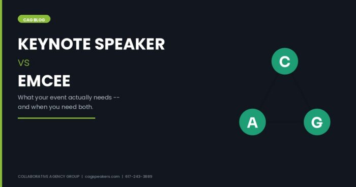 Keynote speaker vs emcee blog graphic with the Collaborative Agency Group logo on a dark navy background