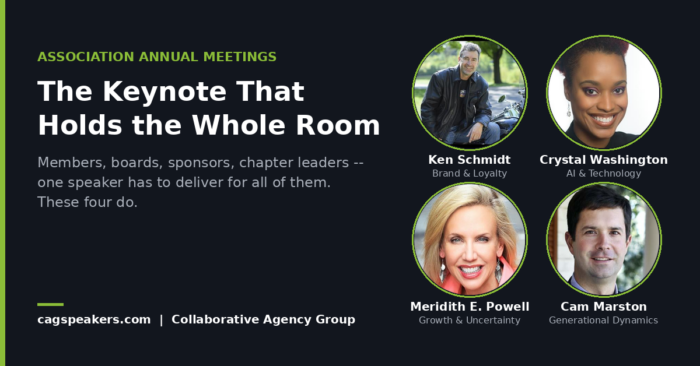 Four keynote speakers for association annual meetings: Ken Schmidt, Crystal Washington, Meridith Elliott Powell, and Cam Marston, represented by Collaborative Agency Group