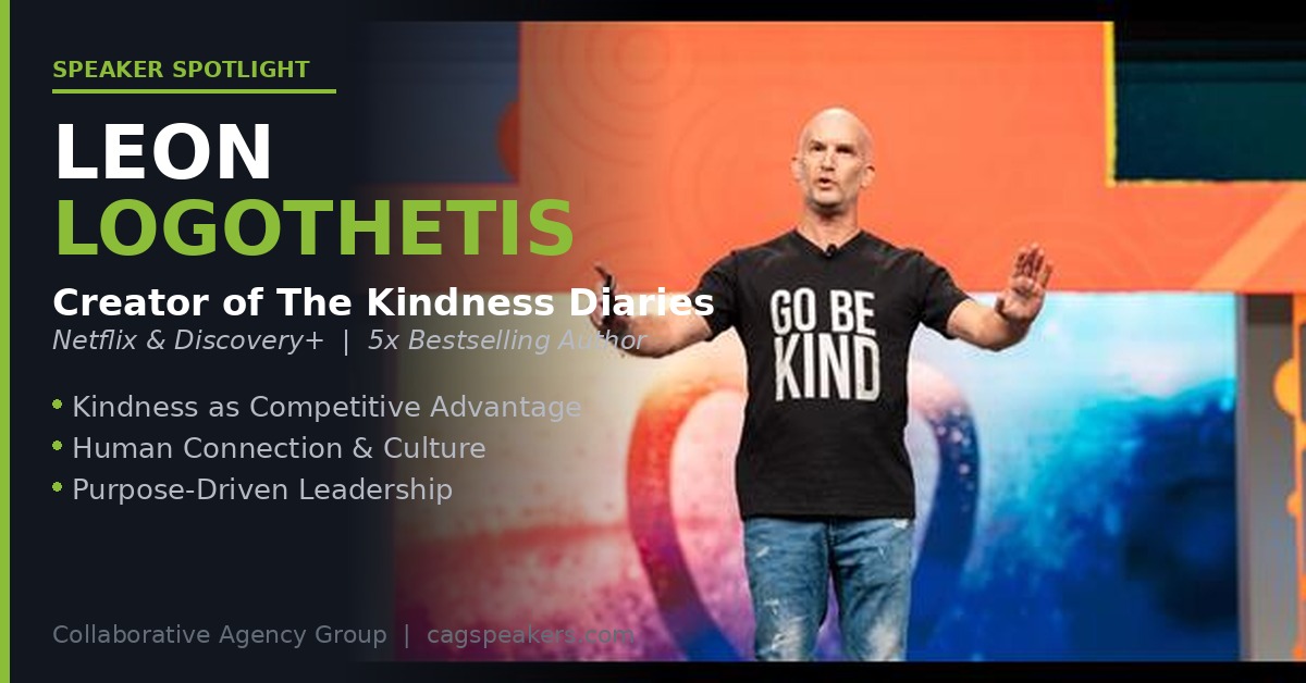 Leon Logothetis keynote speaker on stage in a Go Be Kind shirt, creator of The Kindness Diaries, speaking on kindness and human connection