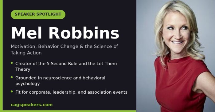 Mel Robbins speaker spotlight graphic featuring her keynote topics on motivation and behavior change