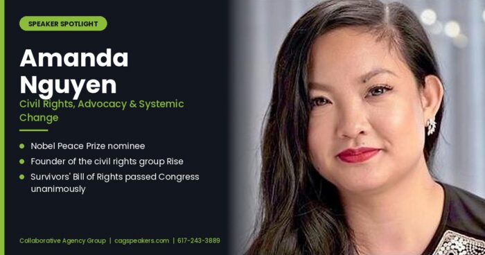 Amanda Nguyen, civil rights activist and Nobel Peace Prize nominee, on a Collaborative Agency Group speaker spotlight graphic