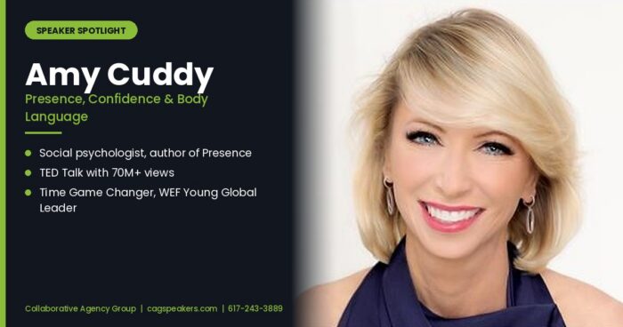 Amy Cuddy, social psychologist and author of Presence, on a Collaborative Agency Group speaker spotlight graphic