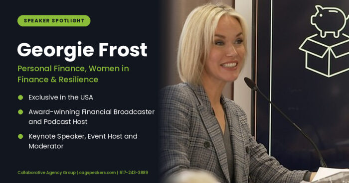 Georgie Frost, BBC and Sky News finance broadcaster, on a Collaborative Agency Group speaker spotlight graphic