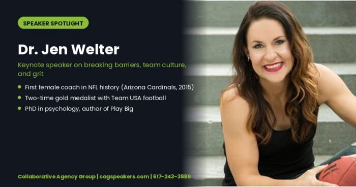 Dr. Jen Welter, first female NFL coach and sports psychologist, on a Collaborative Agency Group speaker spotlight graphic