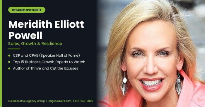 Meridith Elliott Powell, bestselling author and sales expert, on a Collaborative Agency Group speaker spotlight graphic
