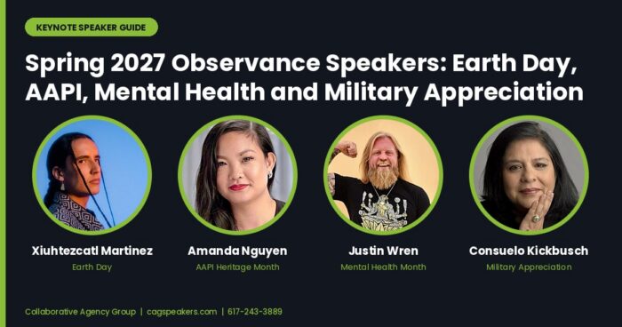 Xiuhtezcatl Martinez, Amanda Nguyen, Justin Wren, and Consuelo Kickbusch, spring 2027 observance speakers, on a Collaborative Agency Group guide graphic