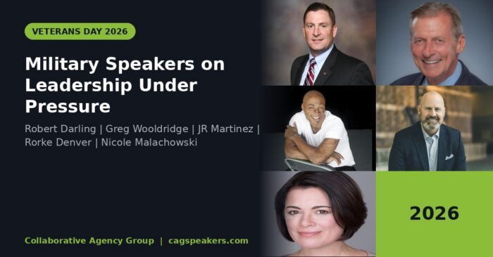 Veterans Day 2026 keynote speakers Robert Darling, Greg Wooldridge, JR Martinez, Rorke Denver, and Nicole Malachowski on a dark editorial graphic