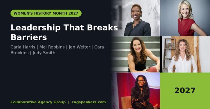 Women's History Month 2027 keynote speakers Carla Harris, Mel Robbins, Jen Welter, Cara Brookins, and Judy Smith on a dark editorial graphic