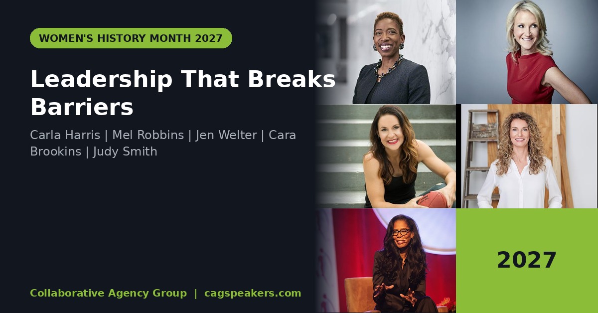 Women's History Month 2027 keynote speakers Carla Harris, Mel Robbins, Jen Welter, Cara Brookins, and Judy Smith on a dark editorial graphic